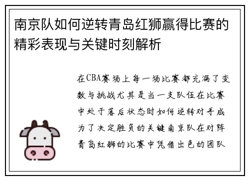 南京队如何逆转青岛红狮赢得比赛的精彩表现与关键时刻解析