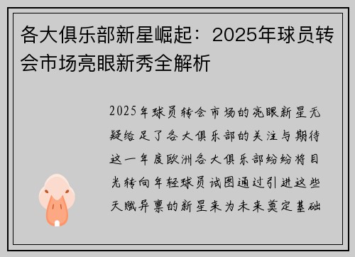 各大俱乐部新星崛起：2025年球员转会市场亮眼新秀全解析